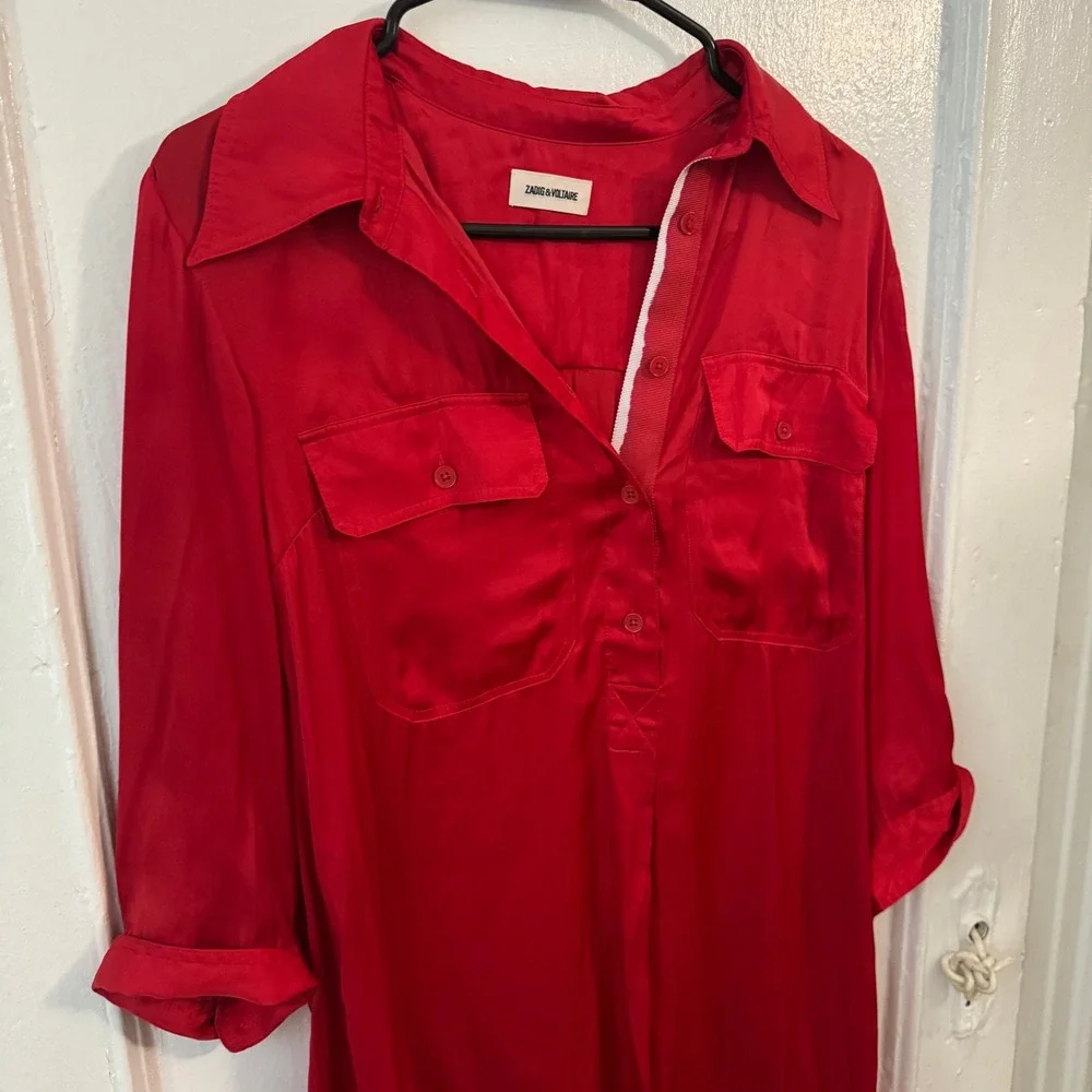 Zadig‎ & Voltaire Red Silk Button Front Shirt Dress Long Sleeve Mini Dress